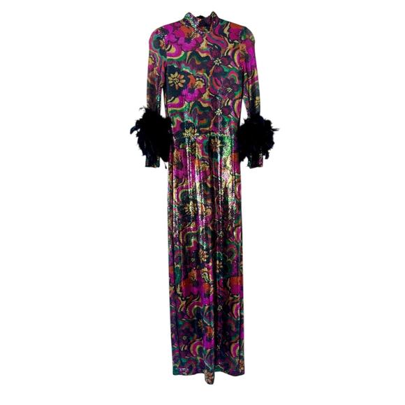 JENNIFER GRACE Catroux Sequin Feather Long Dress In Hysteria SAMPLE PIECE READ - Picture 2 of 9